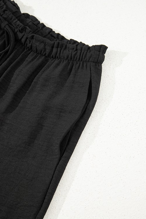 Black Drawstring Frilled Elastic Waistband Wide Leg Utility Trousers