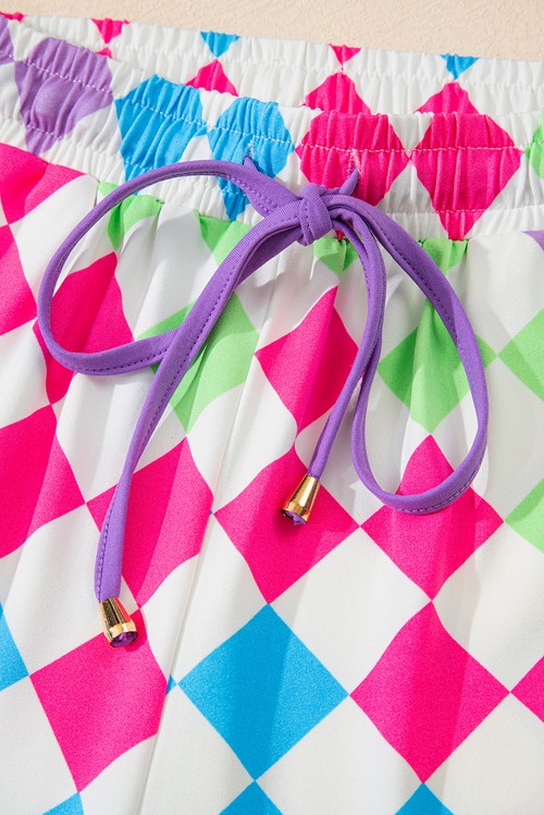 Multicolour Checkered Drawstring Elastic Waist Casual Shorts