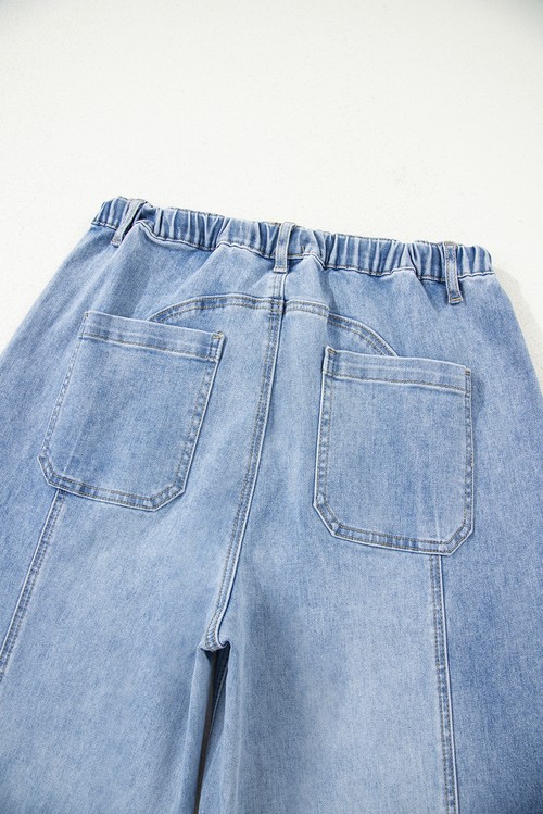 Beau Blue Drawstring Seam Detail Raw Hem Wide Leg Denim