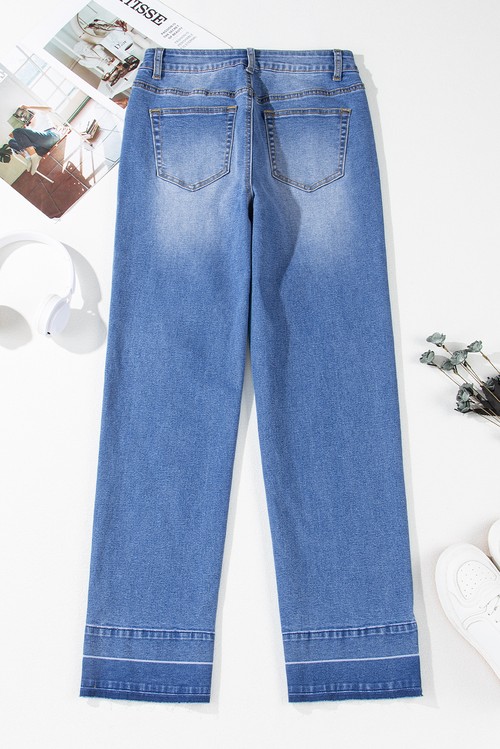 Sail Blue Raw Hem Unique Cuffs Straight High Rise Loose
