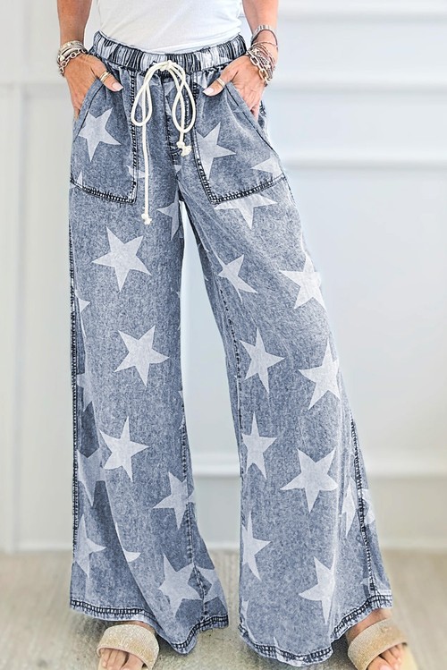 Light Blue Star Print Light Wash Drawstring Elastic Waistband Wide