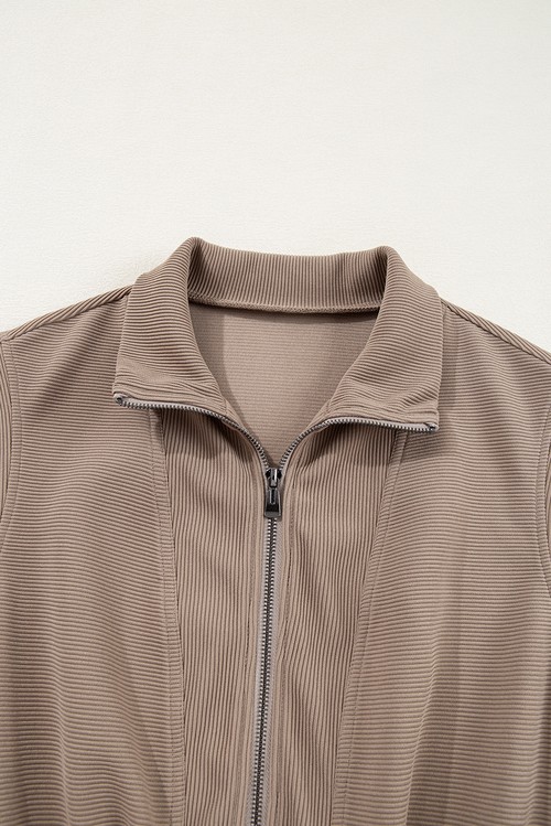 Dark Khaki Textured Short Sleeve Half Zip Drawstring Elastic Waistband