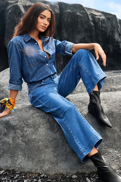 Dark Blue Plain Seam Detail Flared Bottom Ankle Length Jeans
