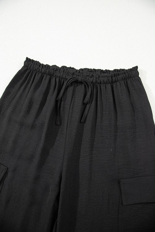 Black Drawstring Frilled Elastic Waistband Wide Leg Utility Trousers