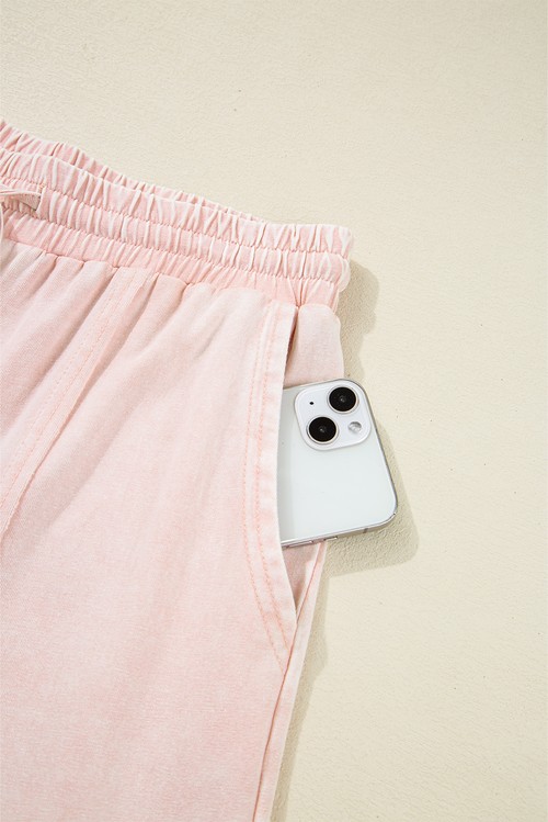 Pink Flower Patch Mineral Washed Terry Knit Cropped Wide Leg