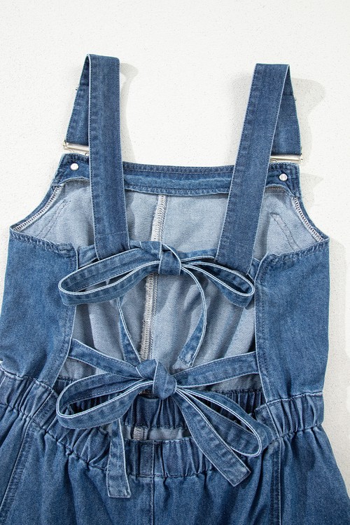 Sky Blue Buckle Straps Bib Style Tied Backless Flared Denim
