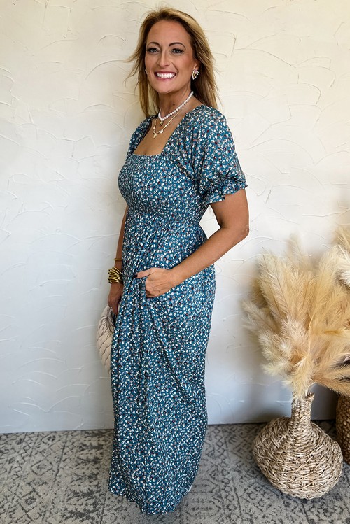 Blue Vintage Boho Floral Smocked Short Puff Sleeve Wide Leg