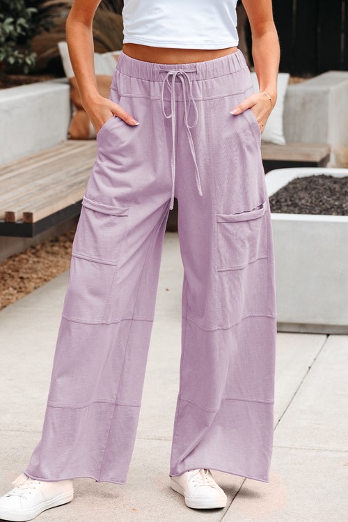 Pink Mineral Wash Exposed Seam Drawstring Elastic Waistband Wide Leg