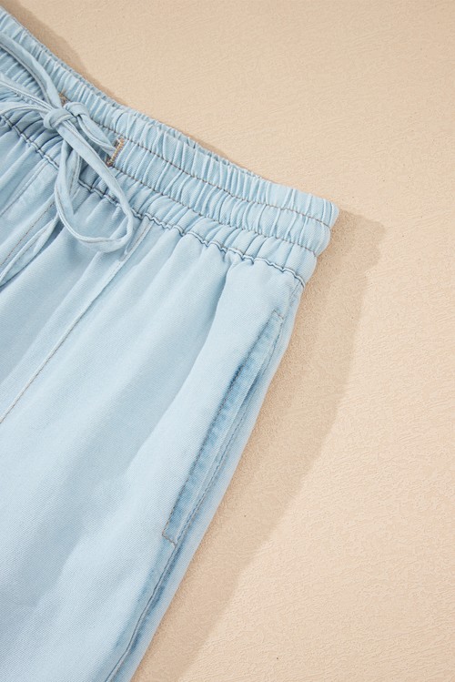 Beau Blue Light Wash Contrast Trim Center Seam Drawstring Elastic