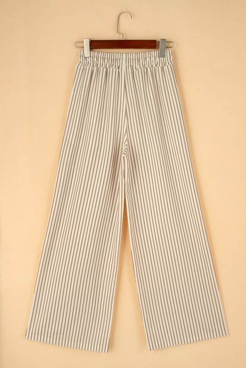 Khaki Stripe Print Wide Leg Drawstring Elastic Waistband Pants