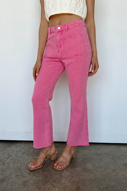 Pink Ankle length Flare Leg Raw Hem Jeans