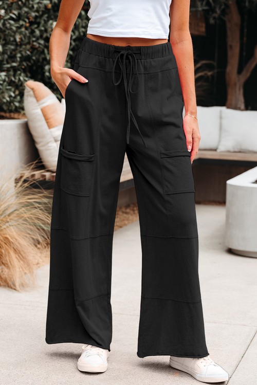 Black Mineral Wash Exposed Seam Drawstring Elastic Waistband Wide Leg