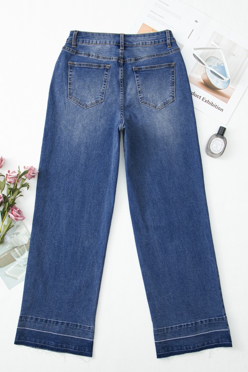 Navy Blue Raw Hem Unique Cuffs Straight High Rise Loose