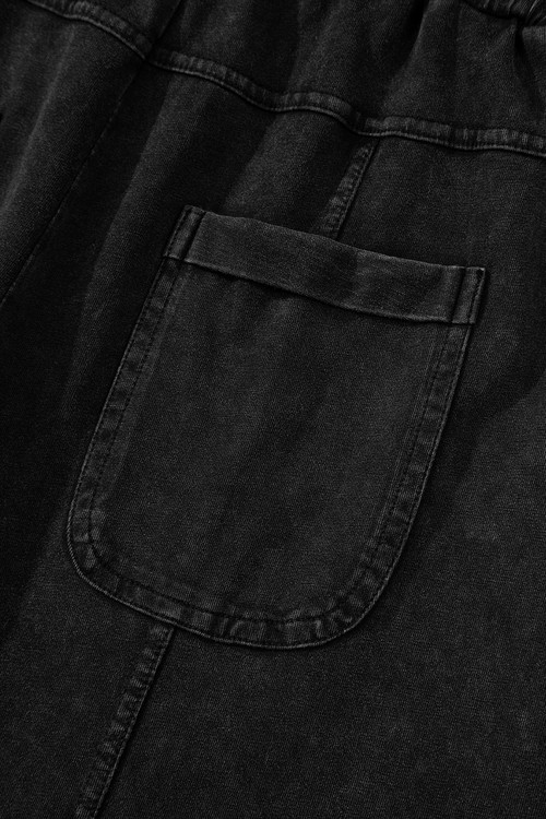 Black Mineral Wash Exposed Seam Drawstring Elastic Waistband Wide Leg
