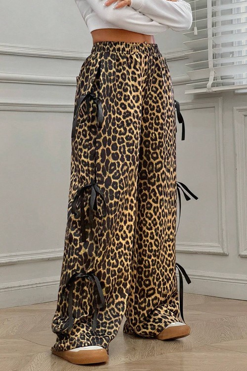 Brown Leopard Print Bow Tie Elastic Waistband Loose High Waist