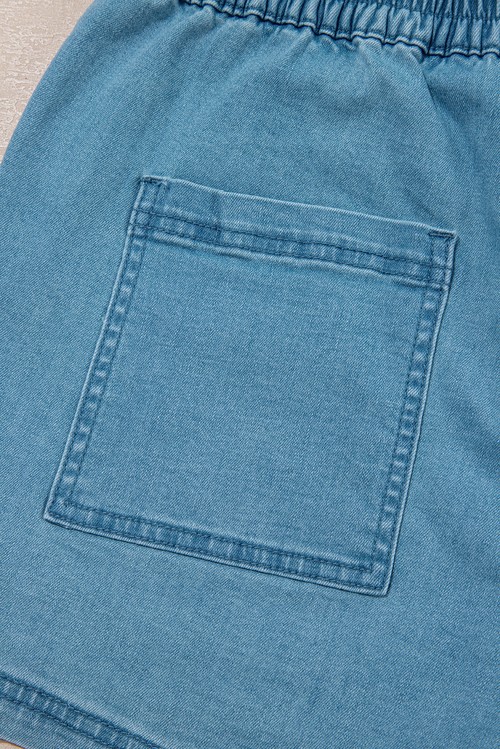 Beau Blue Contrast Drawstring Elastic Waistband Denim Shorts