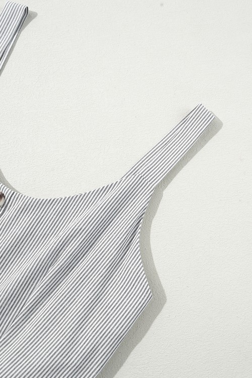 Black Stripe Half Buttoned Sleeveless Wide Leg Jumpsuit