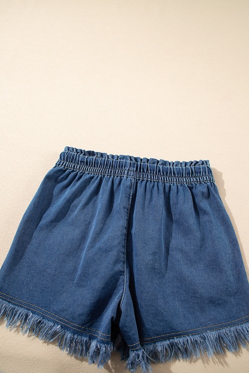 Ashleigh Blue Raw Hem Drawstring Elastic Waistband Denim Shorts with