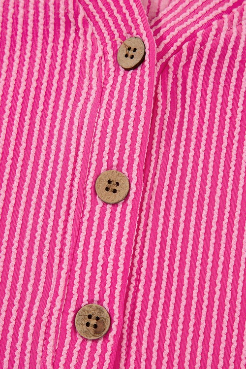 Bright Pink Spiral Ribbed Short Sleeve V Neck Buttoned Romper