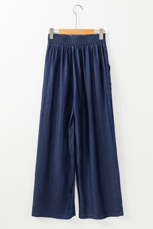 Sail Blue Side Pockets Frilled Smocked High Waist Wide Leg