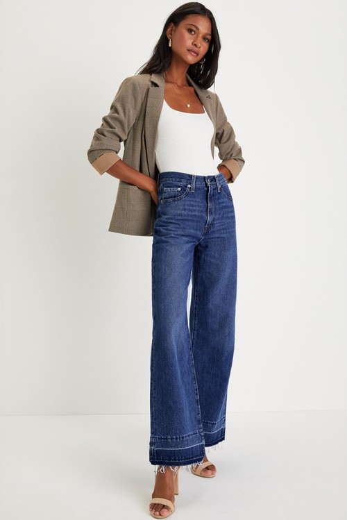 Navy Blue Raw Hem Unique Cuffs Straight High Rise Loose