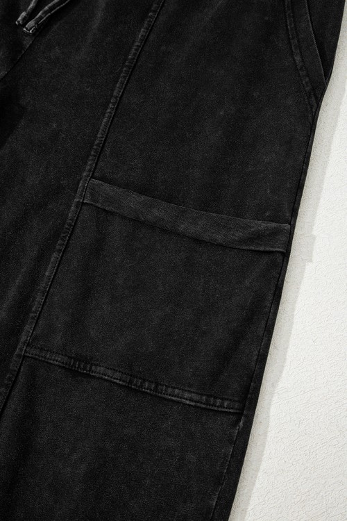 Black Mineral Wash Exposed Seam Drawstring Elastic Waistband Wide Leg
