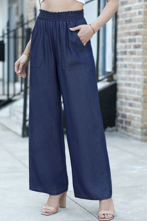 Sail Blue Side Pockets Frilled Smocked High Waist Wide Leg