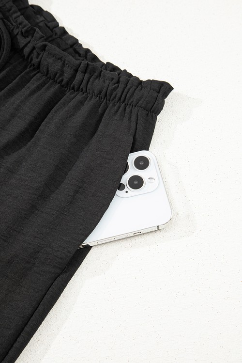 Black Drawstring Frilled Elastic Waistband Wide Leg Utility Trousers