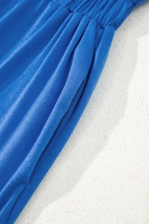 Sky Blue Deep V Pleated Crisscross Wide Leg Backless Jumpsuit