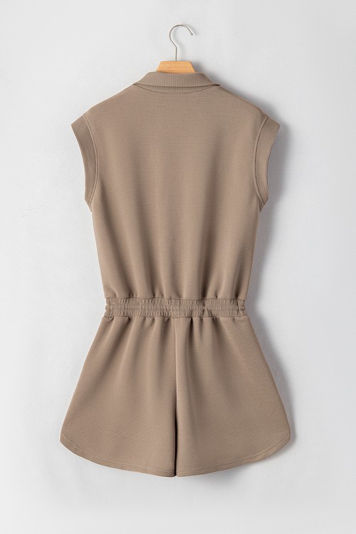 Dark Khaki Textured Short Sleeve Half Zip Drawstring Elastic Waistband