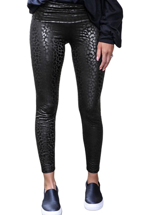 Black Shiny Leopard Textured Leggings