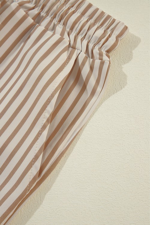 Khaki Stripe Print Wide Leg Drawstring Elastic Waistband Pants