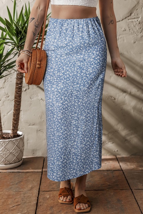 Sky Blue Boho Floral High Waist Long Skirt with Side