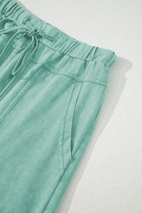 Mint Green Mineral Wash Exposed Seam Drawstring Elastic Waistband Wide