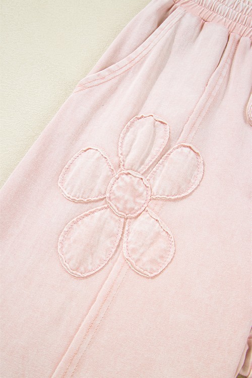 Pink Flower Patch Mineral Washed Terry Knit Cropped Wide Leg