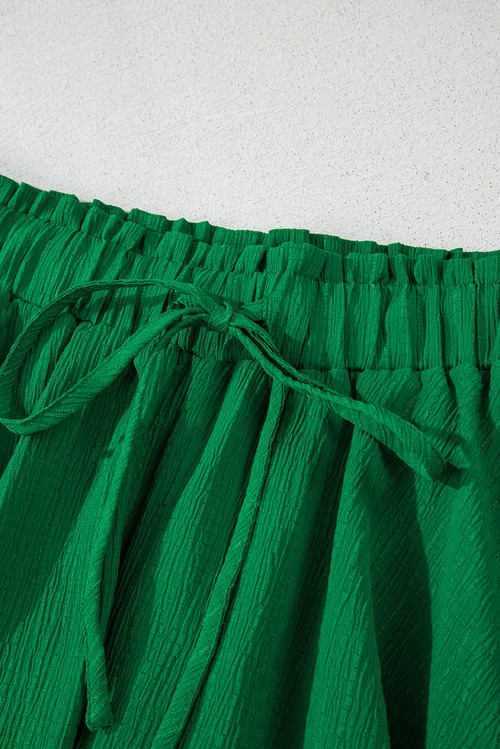 Dark Green Textured Frilled Lace up Elastic Waistband Ruffle Wide