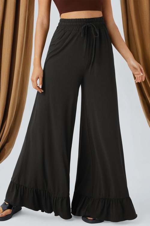Black Ruffled Wide Leg Pull On High Waist Pants with