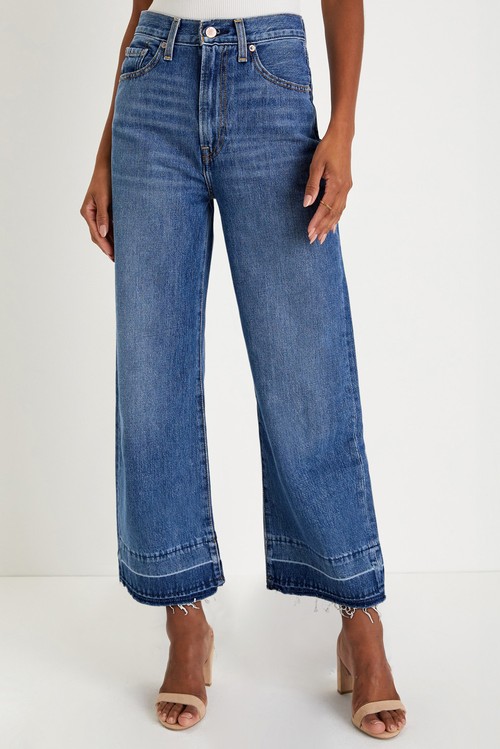 Navy Blue Raw Hem Straight Leg Loose High Waist Jeans