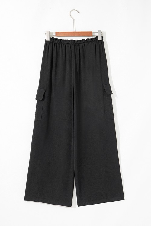 Black Drawstring Frilled Elastic Waistband Wide Leg Utility Trousers