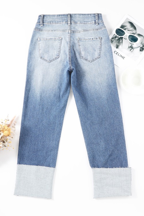 Sky Blue High Waist Distressed Straight Leg Jeans