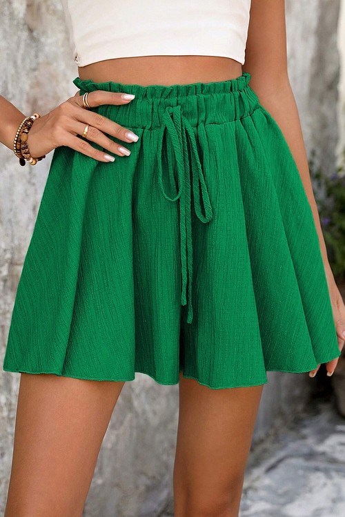 Dark Green Textured Frilled Lace up Elastic Waistband Ruffle Wide