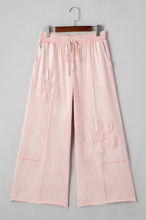 Pink Flower Patch Mineral Washed Terry Knit Cropped Wide Leg