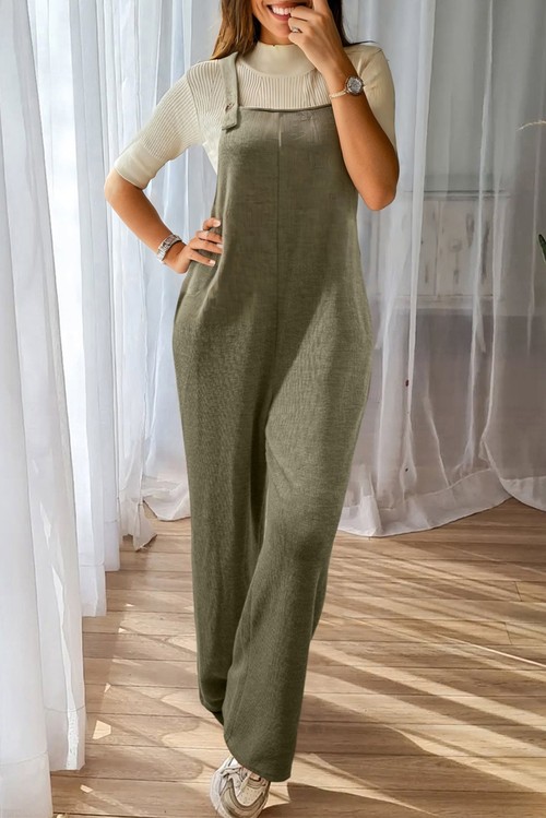 Laurel Green Solid Color Knit Loose Straight Leg Casual Overall