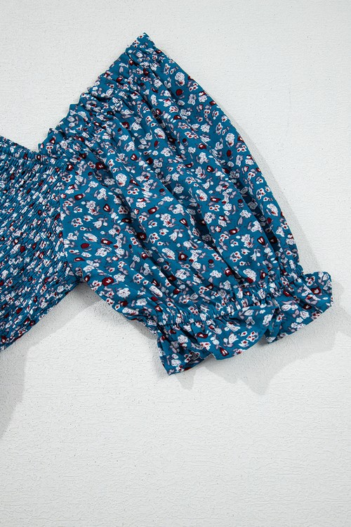 Blue Vintage Boho Floral Smocked Short Puff Sleeve Wide Leg