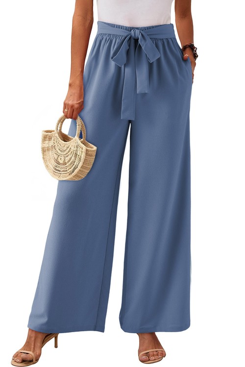 Sail Blue High Waisted Tie Front Side Pocket Wide Leg