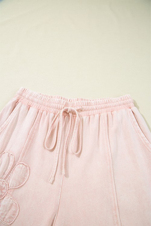 Pink Flower Patch Mineral Washed Terry Knit Cropped Wide Leg