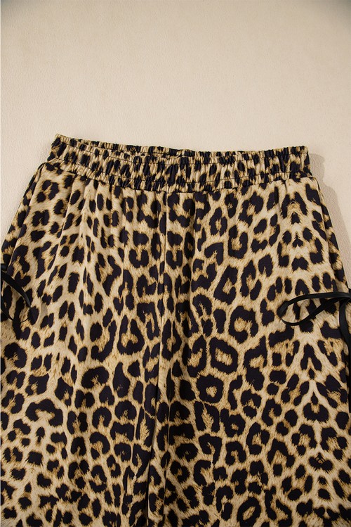 Brown Leopard Print Bow Tie Elastic Waistband Loose High Waist