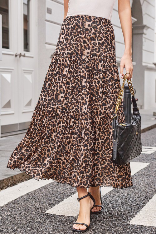 Brown Leopard Floral Reversible Ruffle Hem Maxi Skirt