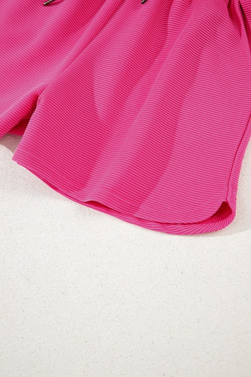 Rose Red Textured Short Sleeve Half Zip Drawstring Elastic Waistband