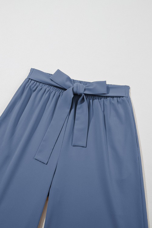 Sail Blue High Waisted Tie Front Side Pocket Wide Leg